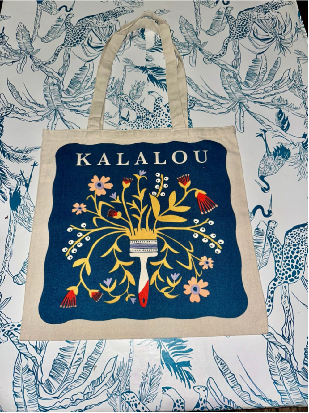 Women's Kalalou Tote Bag One Size Blue Beige Floral Paintbrush Print